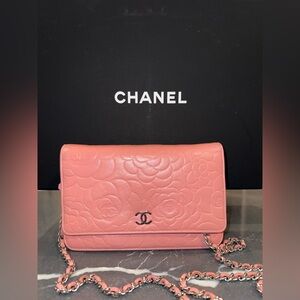 Chanel Camellia Pink Lambskin Wallet on Chain
